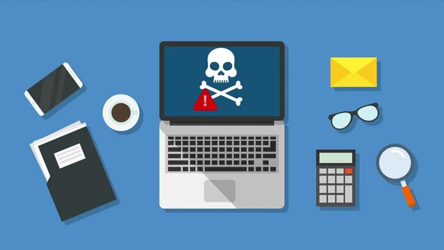 Malware virus ransomware attack warning alert concept motion animation.Top view of workplace with Opened laptop.Flat design.blue background.Workspace with laptops