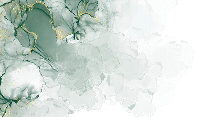 Abstract watercolor or alcohol ink art green background element with golden crackers. Pastel green marble drawing effect. template for wedding invitation,decoration, banner, background, png file   © Deemerwha