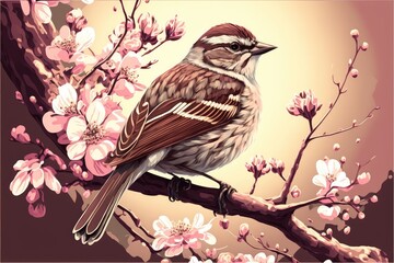 art  of a robin on a blooming branch Generative AI