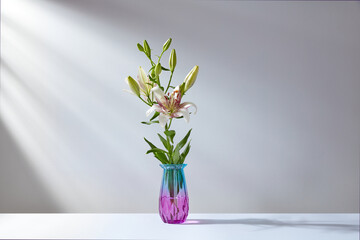 white lily with green leaves stands in a blue-violet vase on a white table against the background of a white wall with a shadow from the sun's rays 