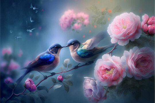 Blue birds sitting in pink tree and flowers © Sebastian