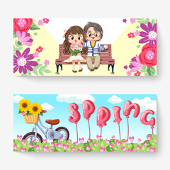 Obraz na płótnie Canvas Sweet couple sitting on bench vector illustration. Blooming flowers outdoors flat style. Couple sitting on bench. spring background.