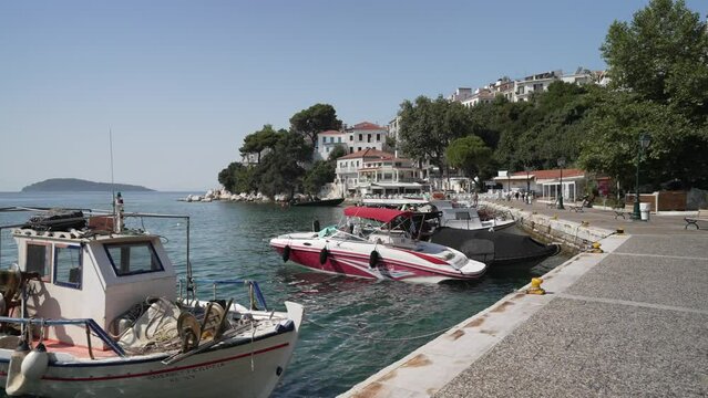Cafes and restaurants in the Old Port, Skiathos Town, Skiathos, Sporades Islands, Greek Islands