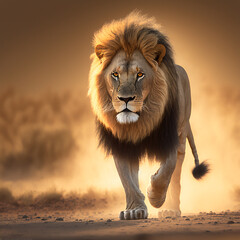 African male lion walking towards camera created with generative AI