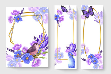 botanic card with purple flowers, leaves, bird. Spring ornament concept. Floral poster, invite. Vector layout decorative greeting card or invitation design background. Hand drawn illustration