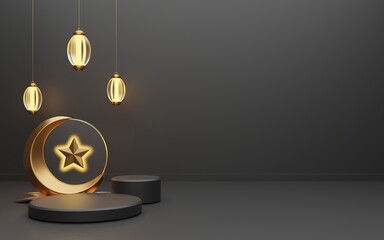 Ramadan Background With Podium and Crescent Moon Lantern