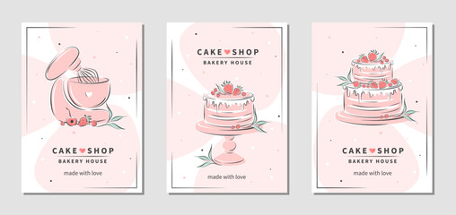 Cake shop logo. Set of design sample for pastry and bread shop, cooking, dessert, sweet products. Vector illustration for poster A4, banner, menu, advertising.