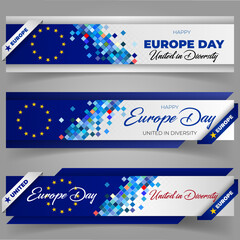 Fototapeta na wymiar Holiday design of web banners background with handwriting texts with flag of the European Union for Europe day event celebration; Vector illustration