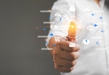 futuristic digital processing of biometric identification fingerprint scanner for access personal financial data. surveillance and security scanning of digital programs cyber futuristic applications.