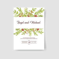 Wedding card invitation with vintage greenery watercolor vector illustration