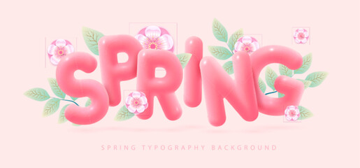 Spring typography background with cherry blossom, fresh green leaves and 3D text. Vector illustration