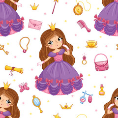 Cartoon seamless pattern with hand drawn cute little princess girl and design elements.. Vector illustration. - 564306532