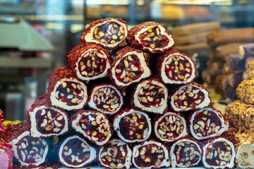 Variety of Turkish signature local foods known as Turkish Delight available for sale mostly in all areas in Turkey country