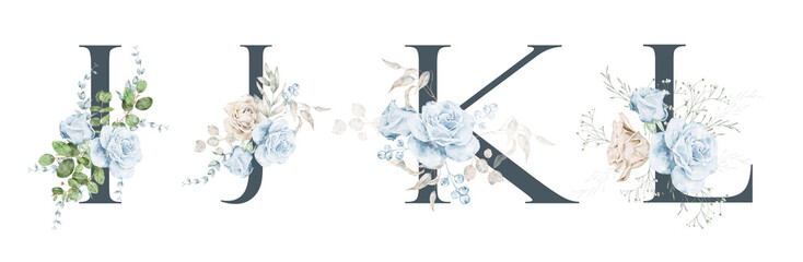 Watercolor alphabet set of I, J, K, L with navy and beige floral, greenery. For wedding invitation, baby shower, save the date, birthday, mothers day, branding, logo, cards 