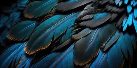 Obraz premium a closeup of black - blue feathers. banner. Generative AI