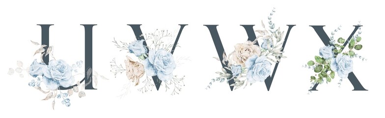 Watercolor alphabet set of U, V, W, X with navy and beige floral, greenery. For wedding invitation, baby shower, save the date, birthday, mothers day, branding, logo, cards 