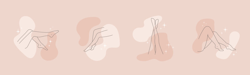 Set of female legs in different poses in a trendy outline, hand-drawn. Vector illustration in nude colours in an elegant style.