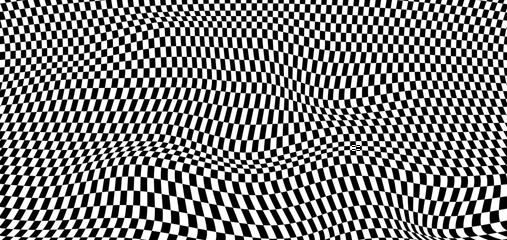 Checkered seamless pattern with optical illusion of spherical volume, black and white geometric abstract background, chess board 3D effect op art.