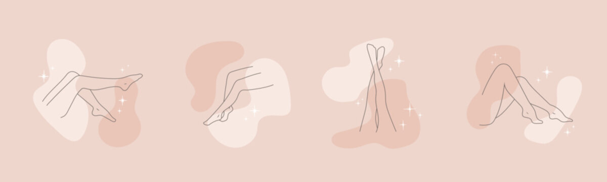 Set Of Female Legs In Different Poses In A Trendy Outline, Hand-drawn. Vector Illustration In Nude Colours In An Elegant Style.