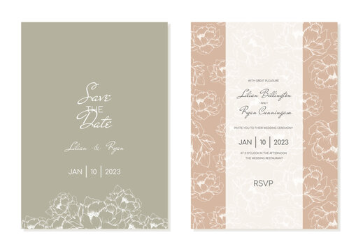 Minimalist wedding invitation template with peonies in soft green and peach. Vector