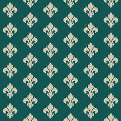 Seamless elegant pattern with silver Fleur De Lis decoration in diagonal lines on teal green background - 564307153