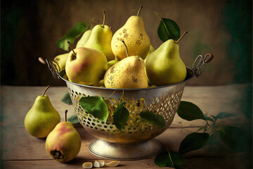 a lot of pears in a metal bowl. Generative AI