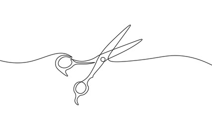 One line continuous stylist scissors symbol concept. Barber haircut beauty salon lifestyle. Digital white single line sketch drawing vector illustration - obrazy, fototapety, plakaty