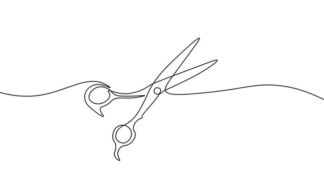 One line continuous stylist scissors symbol concept. Barber haircut beauty salon lifestyle. Digital white single line sketch drawing vector illustration