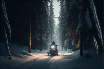 Fotobehang A snowmobile drives through a forest at night. Generative Ai © jr-art