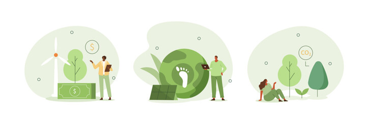 
Sustainability illustration set. Characters presenting ways to reduce CO2 emission footprint through carbon offset, credit and forest conservation. Low carbon concept. Vector illustration. - obrazy, fototapety, plakaty
