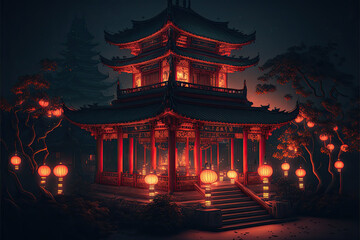 Fototapeta premium a traditional buddhist temple at night with illumination. Generative AI