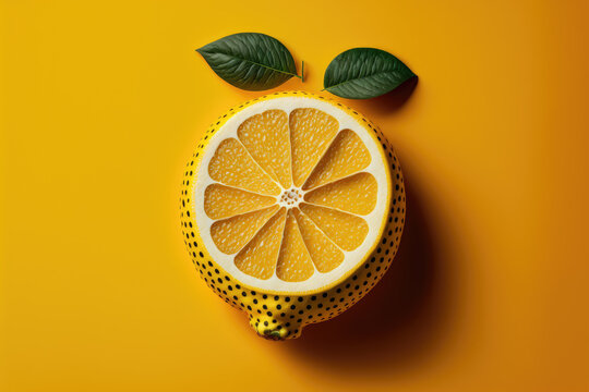 a surreal sliced lemon with black dots. Generative AI