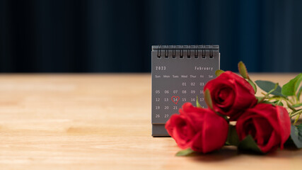 The concept for Valentine's day on 14th February 2023. Mark heart on 14th calendar of February with...