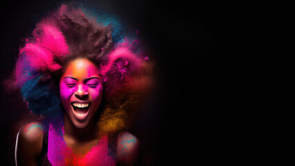 Happy black woman at Holi colour festival, colour splash, copy space. Generative AI