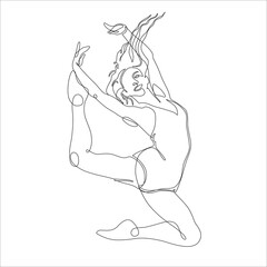 Vector continuous line art illustration of a female dancer. Her hair is flowing as she gracefully leaps in the air.