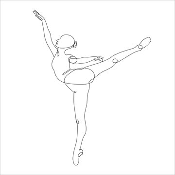 Vector continuous line art illustration of a female ballet dancer. Her hair is attached in a bun, she is doing an arabesque.
