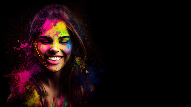 Happy caucasian woman at Holi colour festival, colour splash, copy space. Generative AI