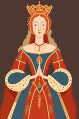Portrait Of A Young Medieval Queen Wearing Her Crown And A Dress. Generative AI Illustration.