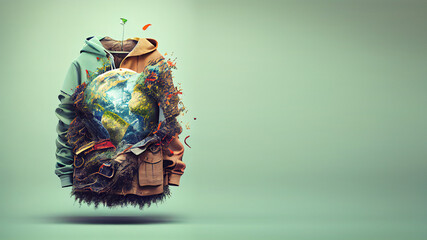 Sustainable fashion concept, jacket with planet earth in the middle, copy space. Generative AI