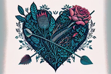 Vector heart with roses and arrows, ornament, illustration