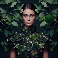 fashion model wearing dress with green leafs, sustainable fashion concept. Generative AI