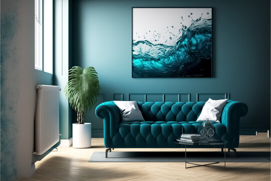 Background living room, aqua blue colors, luxury interior, aqua blue cabinets furniture, modern. generative AI
