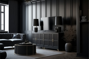 Background livingroom, black colors, luxury interior, sofa luxury, black cabinets furniture. Luxury or art deco style. generative AI
