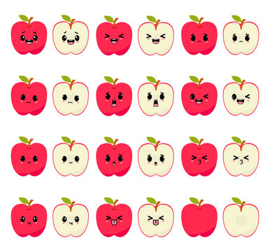 Red apples set with kawaii emoji. Flat design vector illustration of red apples on white bakground 