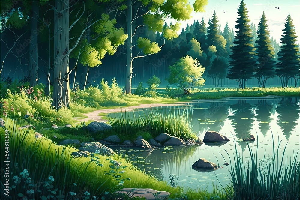 Canvas Prints Summer forest landscape with lake on glade, trees and path. 3d illustration