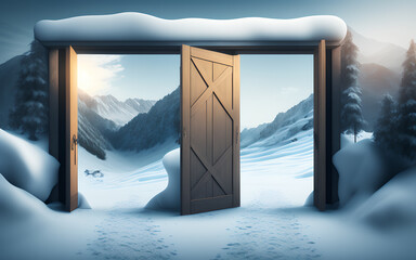 Open wooden gate to the winter landscape. Digital art with oil painting effect, created by generative artificial intelligence
