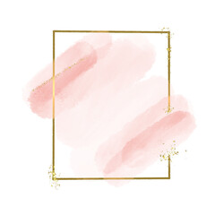 Pastel rose or pink watercolor brush stroke splash with luxury golden square or circle frame and glitter gold lines round contour frame for banner or logo wedding elements