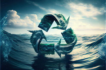 Recycle symbol in the ocean. Generative AI