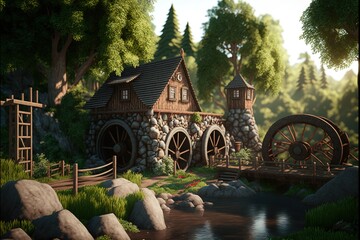 Gnome village with houses, water mill and lantern in forest. 3d illustration - obrazy, fototapety, plakaty