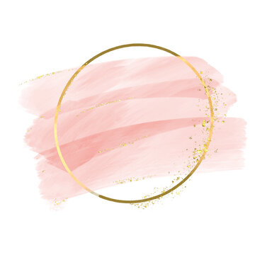 Pastel rose or pink watercolor  stroke splash with luxury golden square or circle  and glitter gold lines round contour  for banner or logo wedding elements